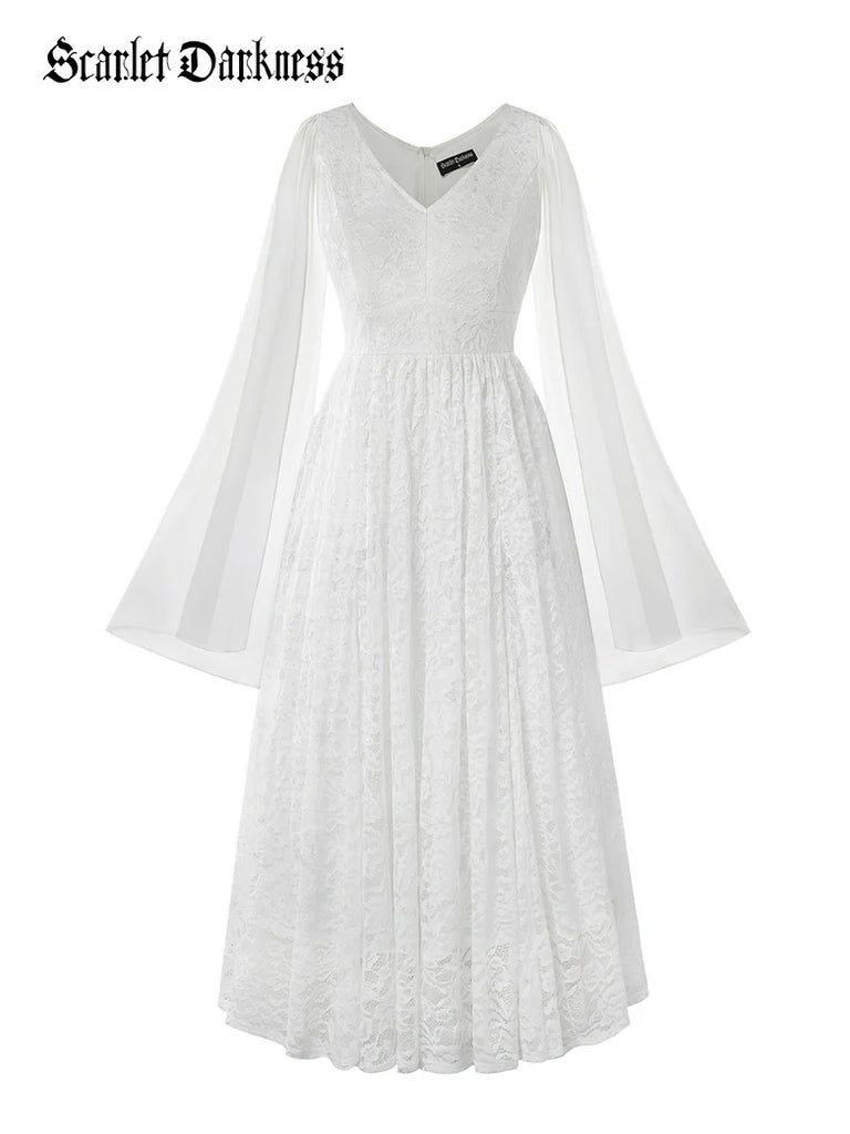 Scarlet Darkness VIctoria Gothic Chiffon Lace Slit Sleeve Party Dress White