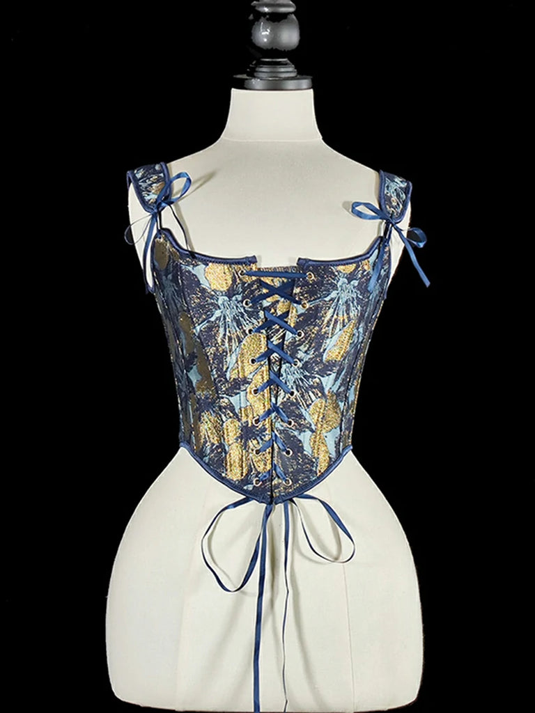 Scarlet Darkness Royal Blue Victorian Jacquard Corset with Lace up Golden