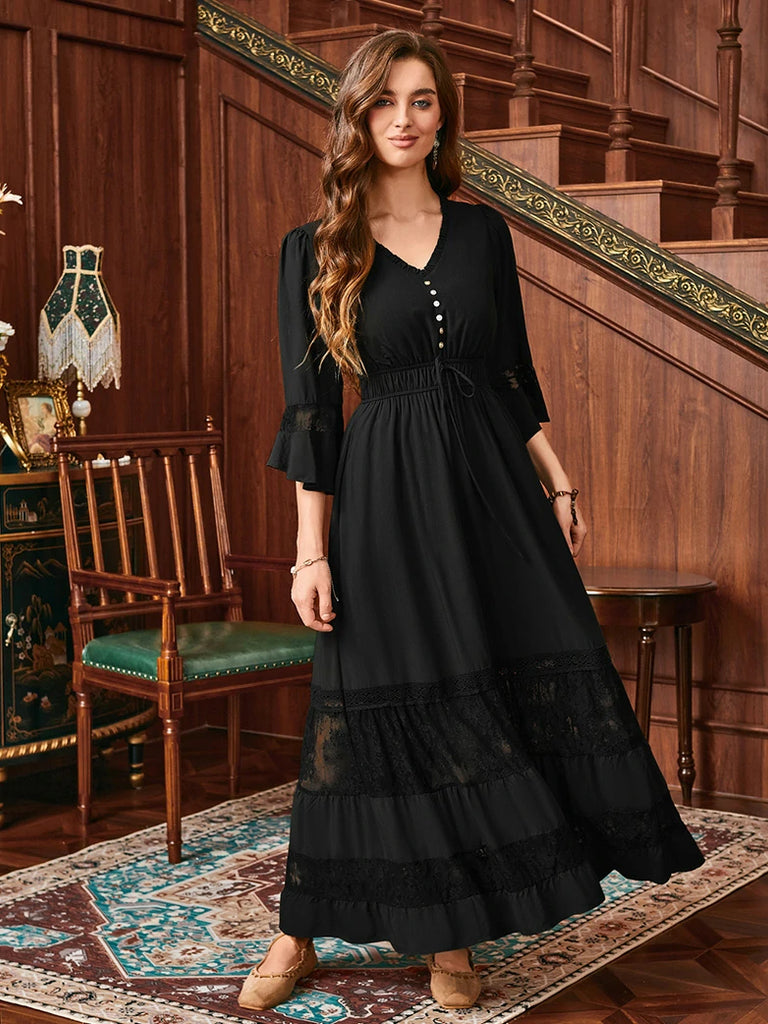 Scarlet Darkness Brown Renaissance Lace Hem Pockets Maxi Dress