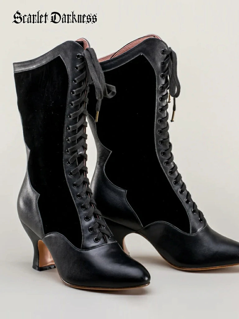 Scarlet Darkness Gothic Velvet Leather High-heeled Boots for Parties Black