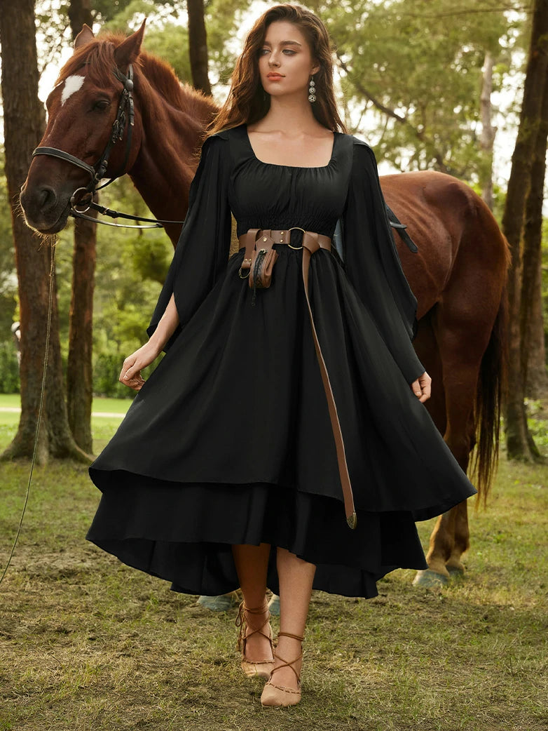 Scarlet Darkness Fantasy Faux Elf Wing Sleeves Tiered Maxi Dress