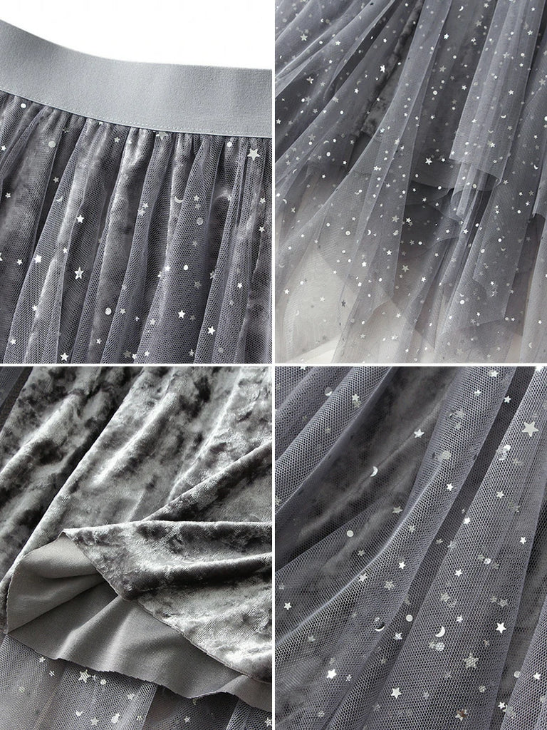 Scarlet Darkness Women Puffy Star Mesh Irregular Hem Skirt