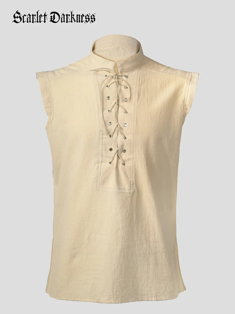 Scarlet Darkness Medieval Warrior Men's Stand Collar Lace-up Vest Apricot