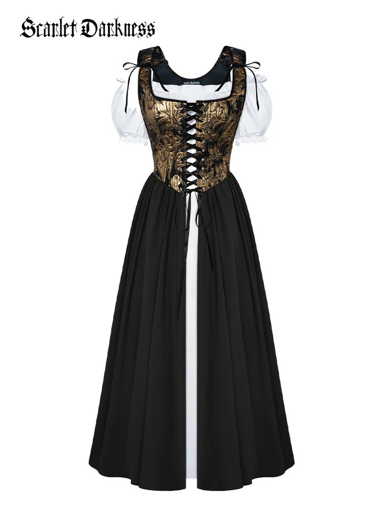 Scarlet Darkness Renaissance Off Shoulder Dress+Boned Pocket Overdress Black