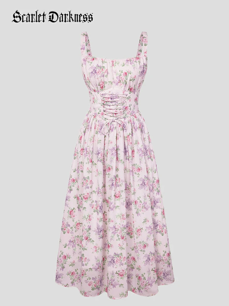 Scarlet Darkness 2026 Summer Floral Chiffon Flared Sundress for Women Purple