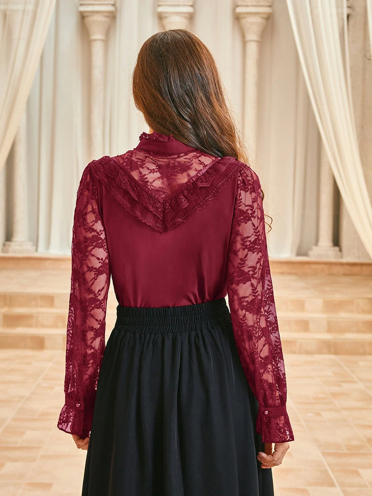 Scarlet Darkness Victorian Lace Patchwork Stand Collar Shirt Tops
