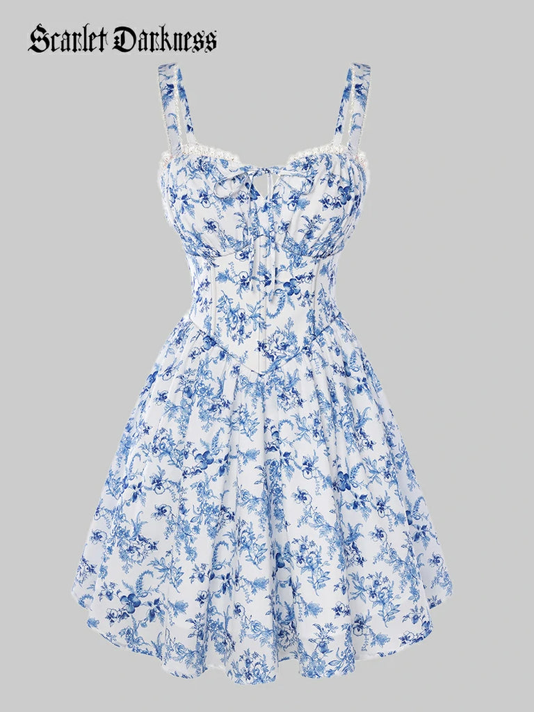 Scarlet Darkness Victoria Corset floral A-Line Dress for Vacation Blue