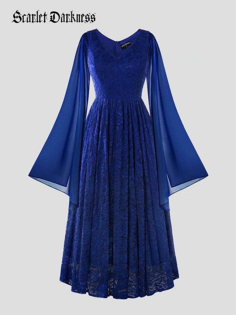 Scarlet Darkness VIctoria Gothic Chiffon Lace Slit Sleeve Party Dress Blue