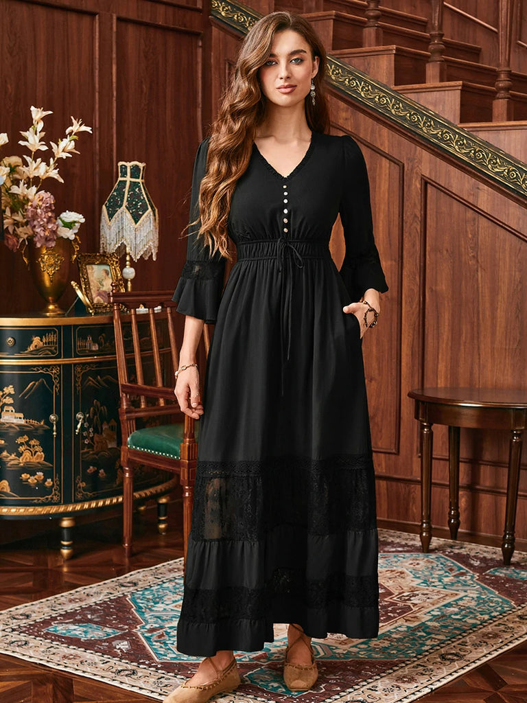 Scarlet Darkness Brown Renaissance Lace Hem Pockets Maxi Dress