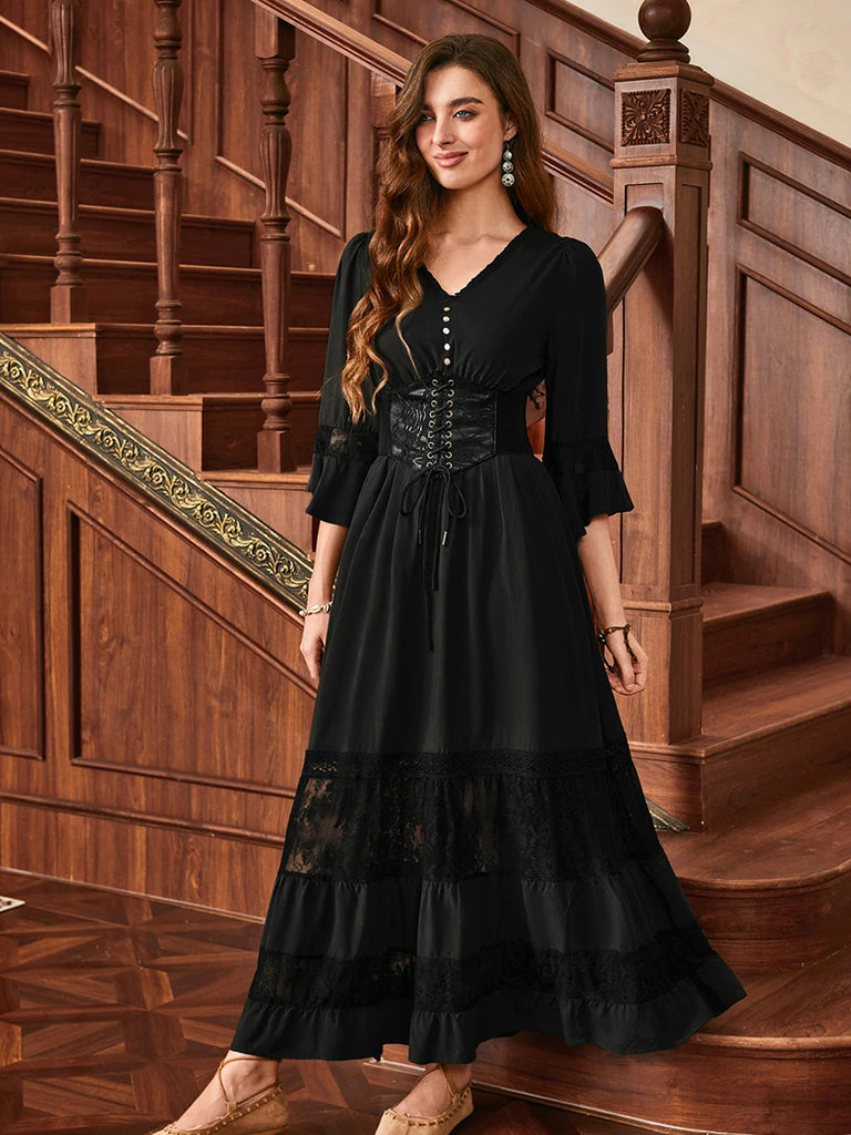 Scarlet Darkness Brown Renaissance Lace Hem Pockets Maxi Dress