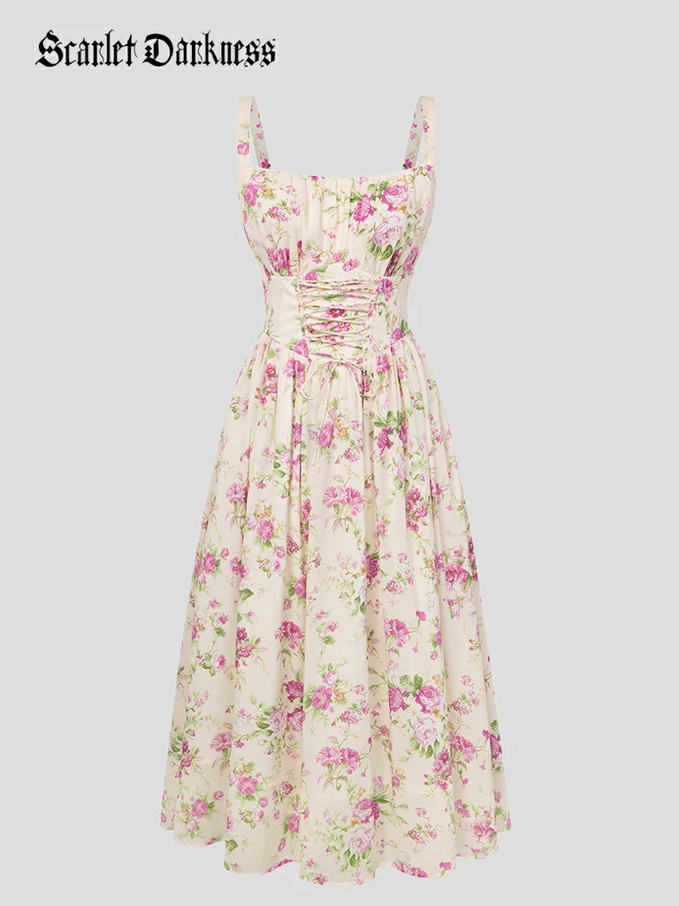 Scarlet Darkness 2026 Summer Floral Chiffon Flared Sundress for Women Pink