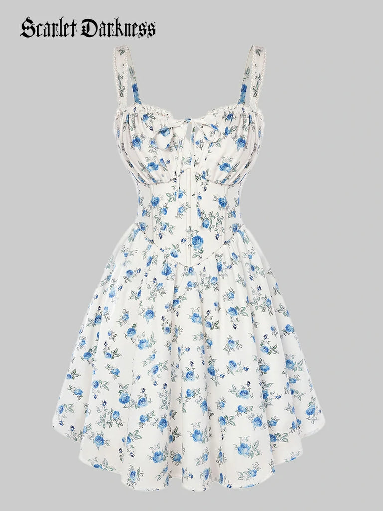 Scarlet Darkness Victoria Corset floral A-Line Dress for Vacation Light blue