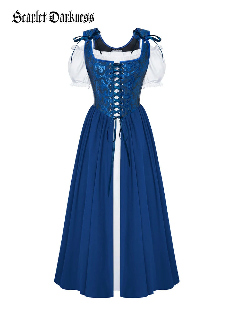 Scarlet Darkness Renaissance Jacquard Boned Pocket Overdress + Chemise Dark blue