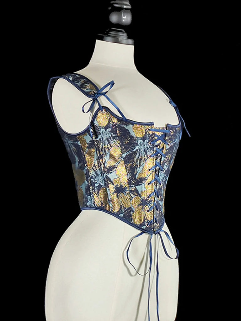 Scarlet Darkness Royal Blue Victorian Jacquard Corset with Lace up