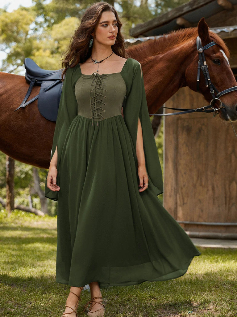 Scarlet Darkness Renaissance Corset Dress Contrast Slit Sleeve Pocket Dress