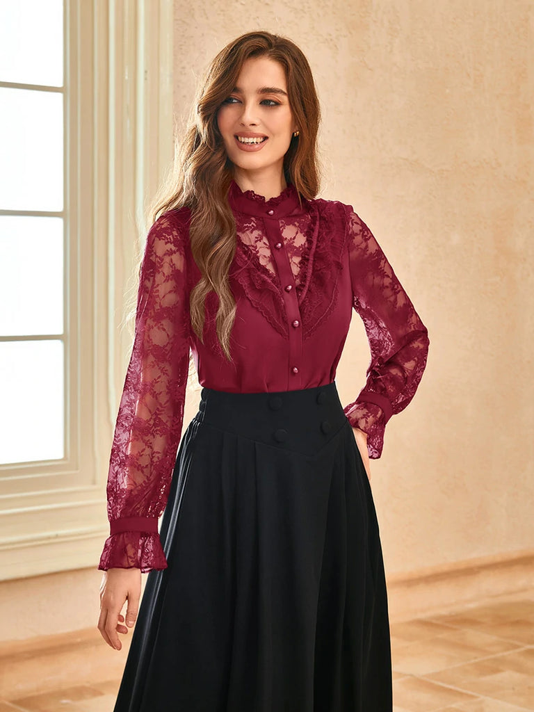 Scarlet Darkness Victorian Lace Patchwork Stand Collar Shirt Tops