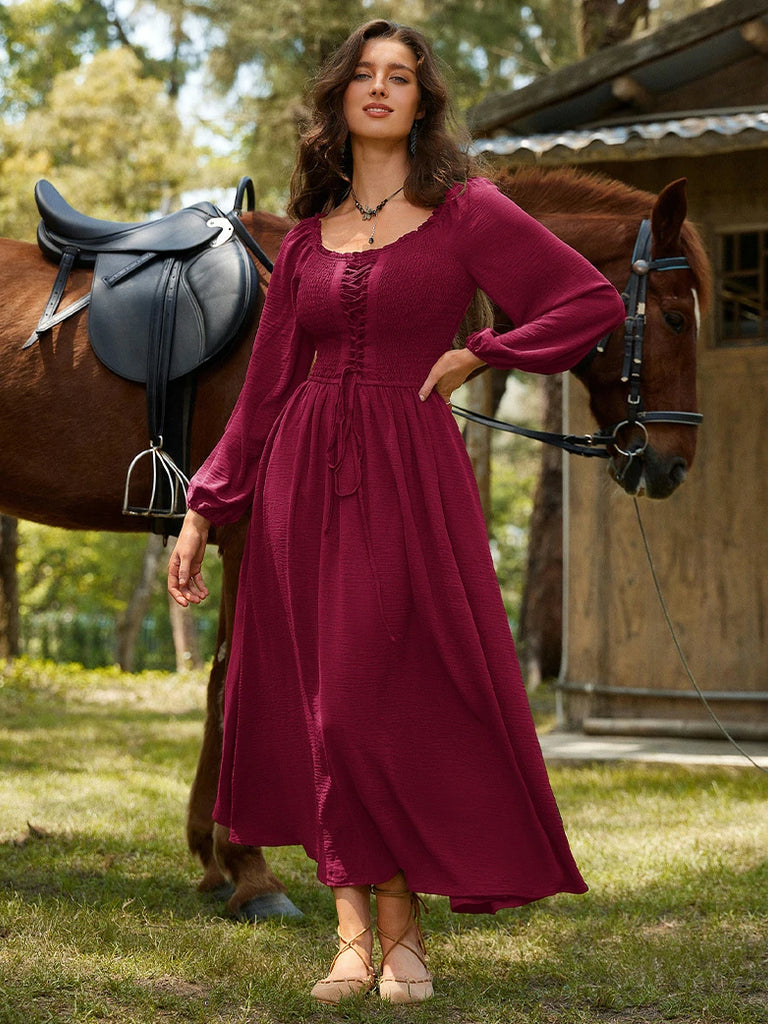 Scarlet Darkness Renaissance Elastic Waist Cross Straps Pockets Dress