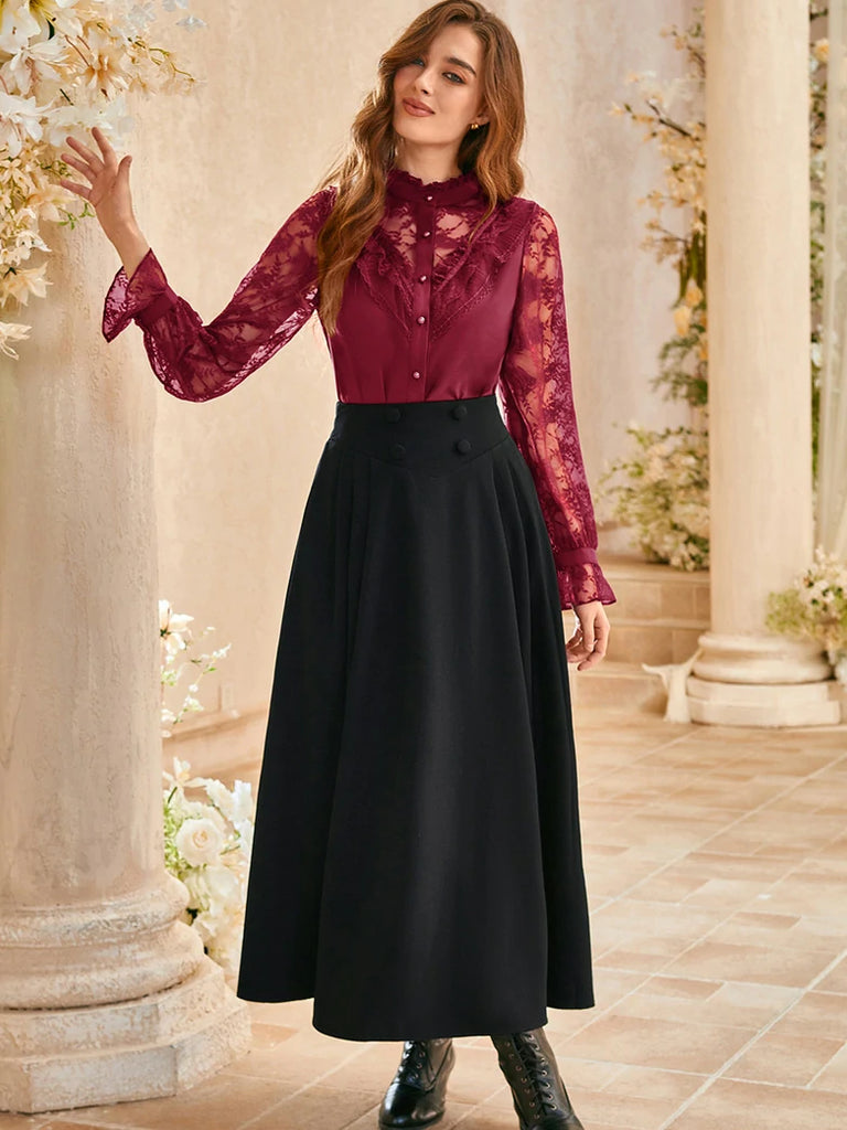 Scarlet Darkness Victorian Lace Patchwork Stand Collar Shirt Tops