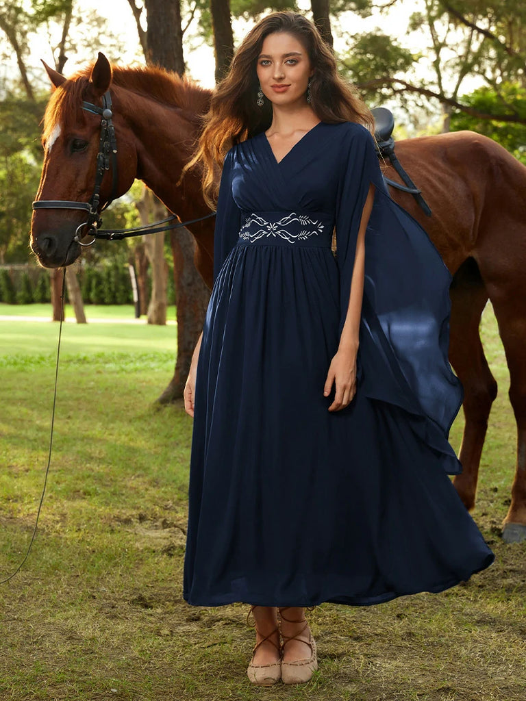 Scarlet Darkness Renaissance Purple Embroidered Chiffon Pockets Dress