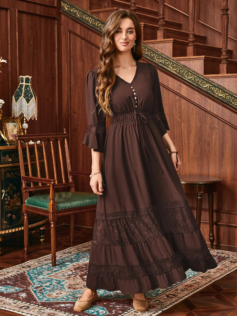 Scarlet Darkness Brown Renaissance Lace Hem Pockets Maxi Dress