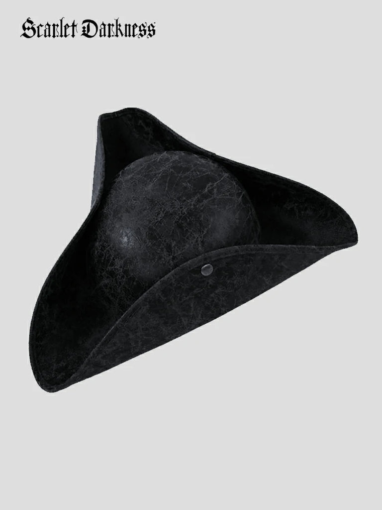 Scarlet Darkness Vintage Patterned Pirate Triangle Leather Hat Black