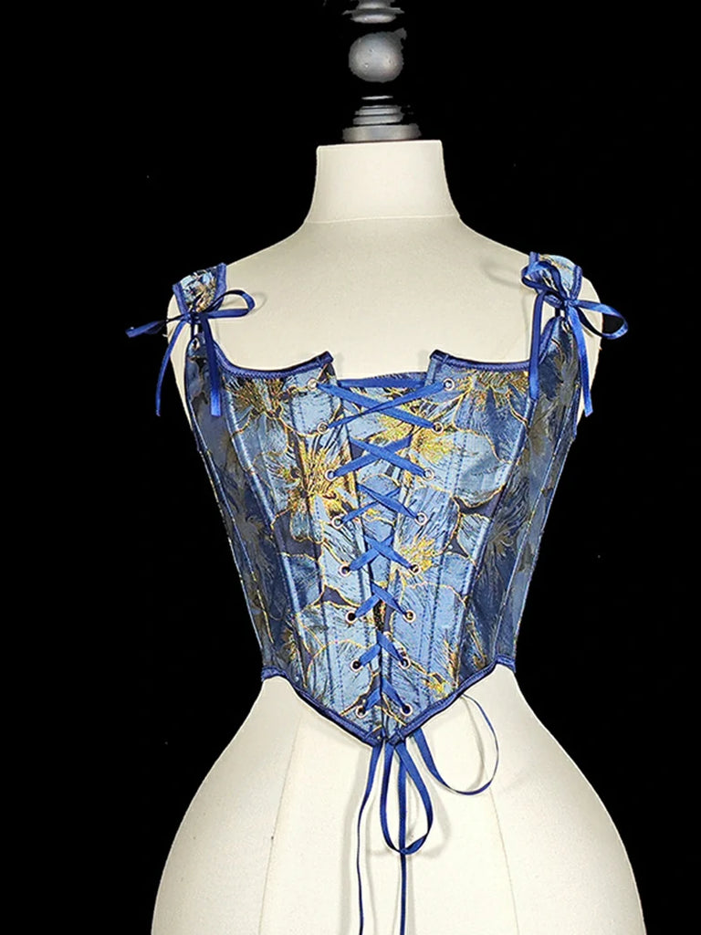 Scarlet Darkness Royal Blue Victorian Jacquard Corset with Lace up Blue