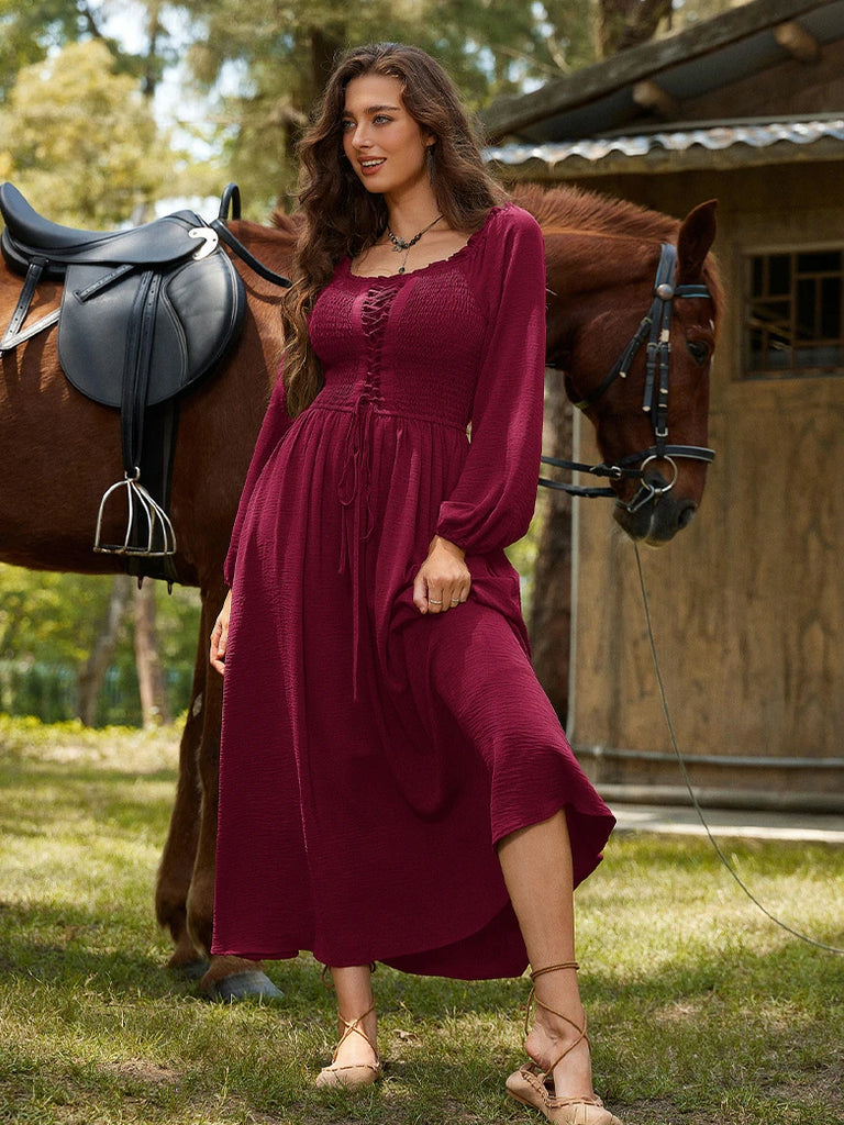 Scarlet Darkness Renaissance Elastic Waist Cross Straps Pockets Dress