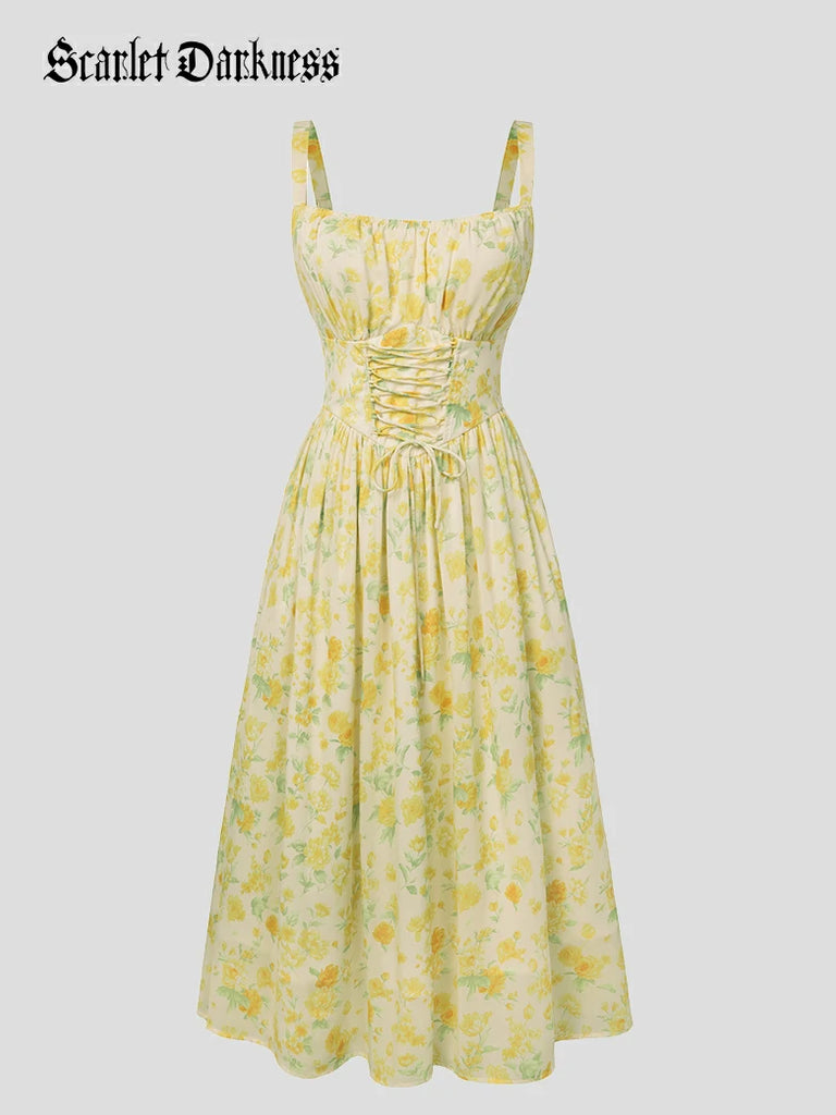 Scarlet Darkness 2026 Summer Floral Chiffon Flared Sundress for Women Yellow