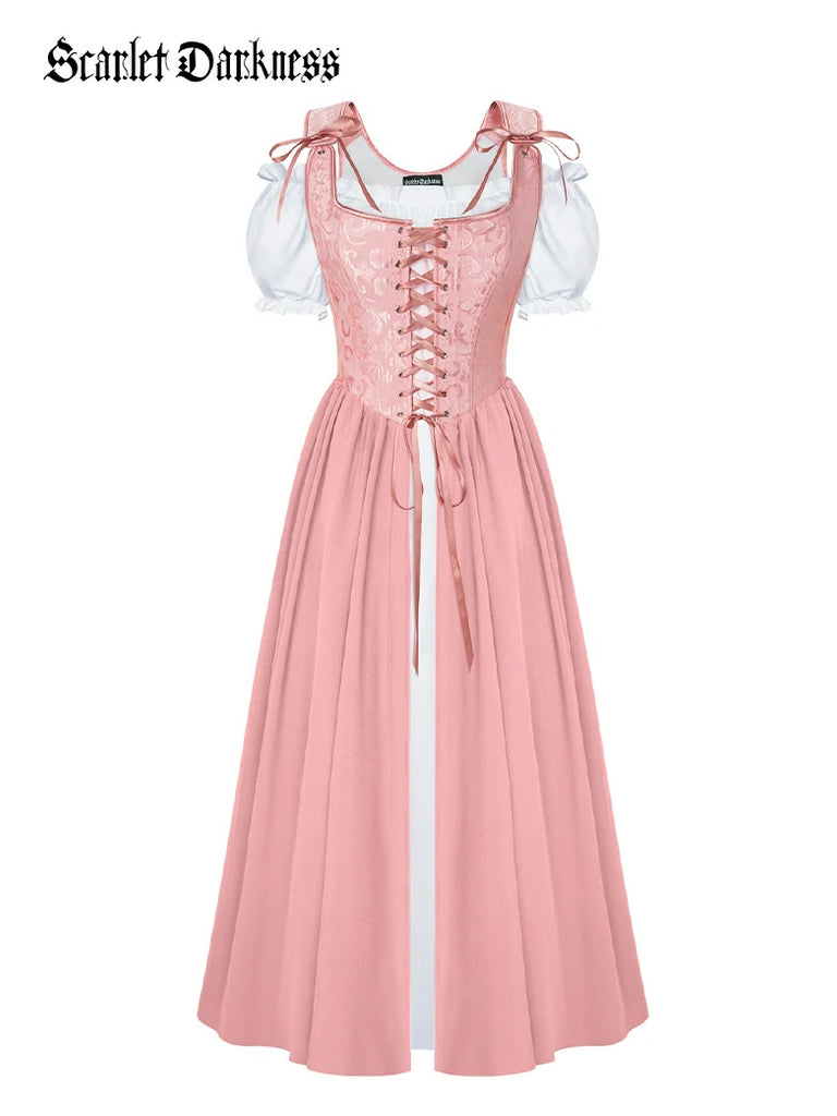 Scarlet Darkness Renaissance Jacquard Boned Pocket Overdress + Chemise Pink