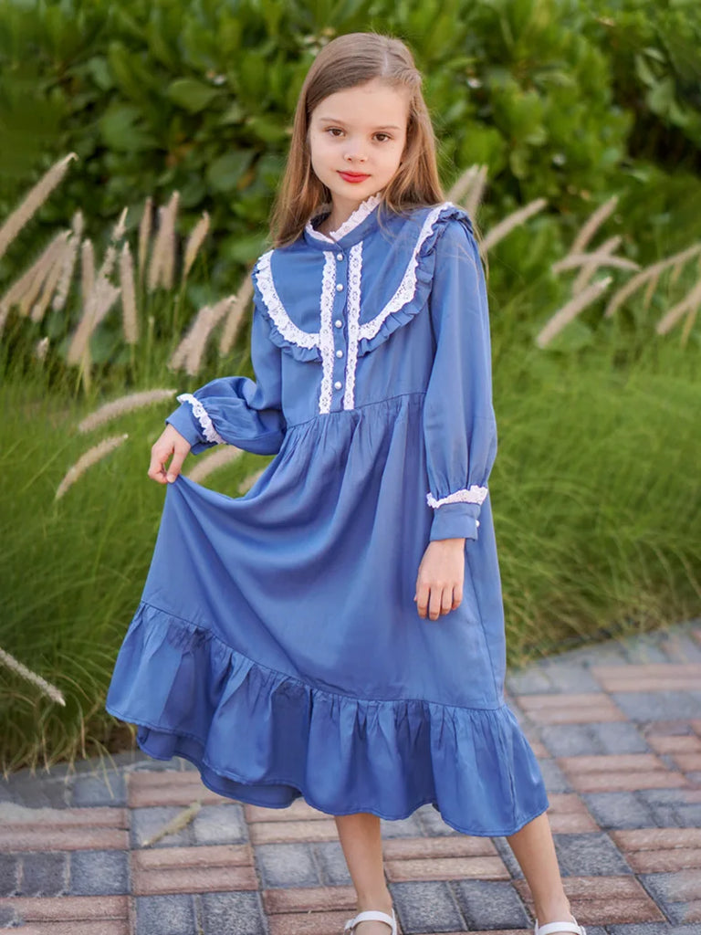Girls Long Sleeve Stand Collar Lace Decorated Dress Scarlet Darkness