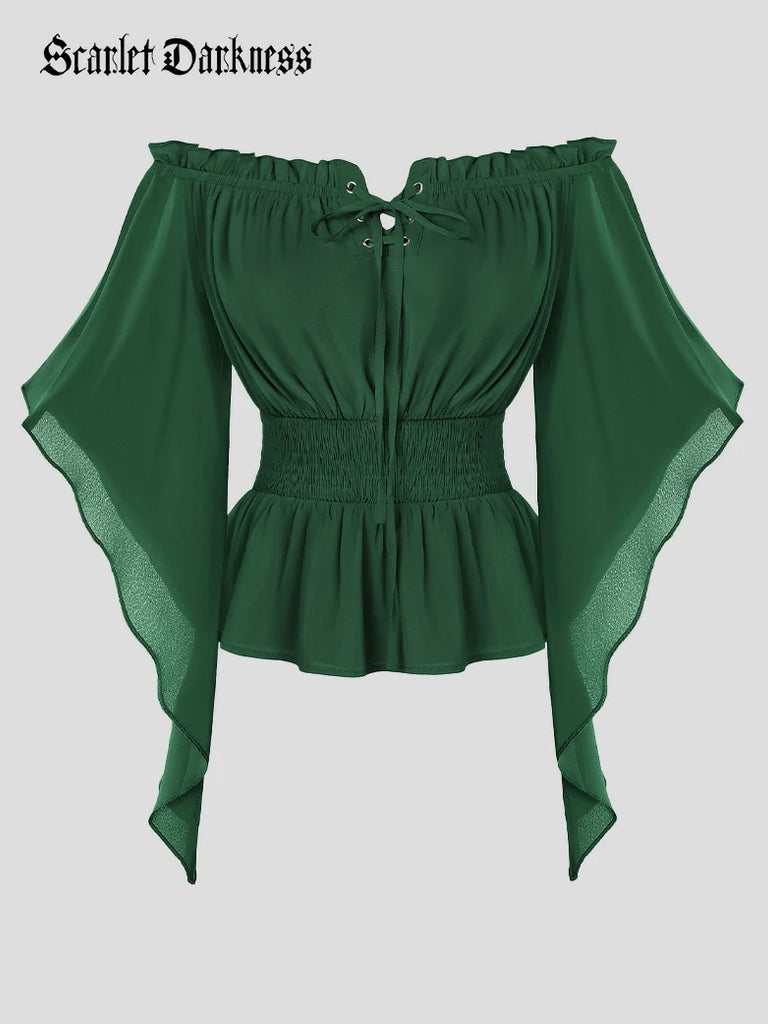 Scarlet Darkness Renaissance Flowing Off-Shoulder Witch Tops Green