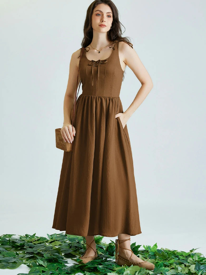 brown dress with bows Scarlet Darkness Victorian Bow-knot Flared Maxi Dress with Pockets
