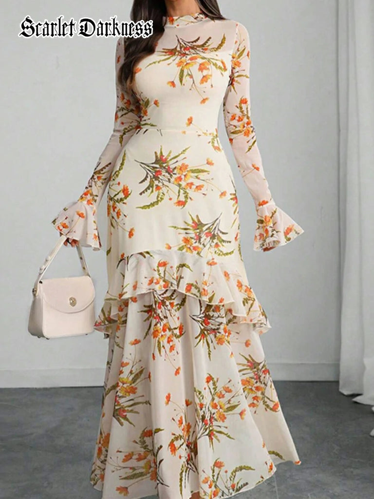 Scarlet Darkness Floral Mesh Cover-Up Party Dress with Ruffled Sleeves Apricot