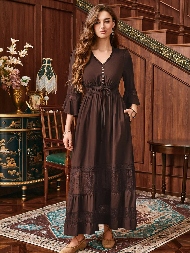 Scarlet Darkness Brown Renaissance Lace Hem Pockets Maxi Dress