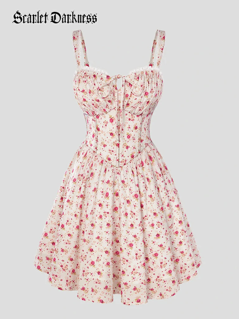 Scarlet Darkness Victoria Corset floral A-Line Dress for Vacation Red