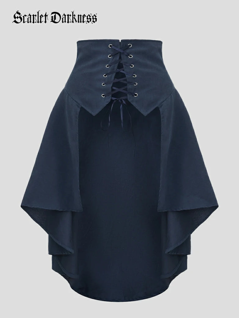 Scarlet Darkness Medieval High-Waisted Skirt with Irregular Hem and Tie Blue