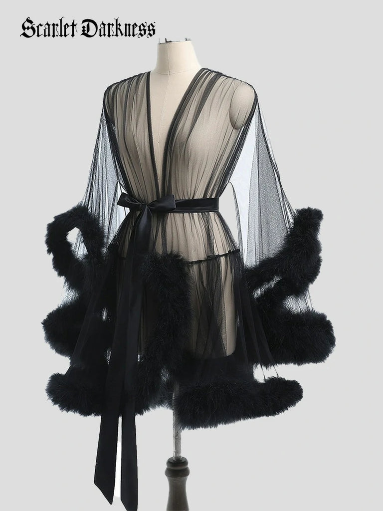 Scarlet Darkness Women's Sheer Mesh Robe Bathrobe Nightgown Black