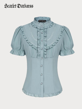 Women Victorian Double Ruffle Decorated Shirt Button-up Tops