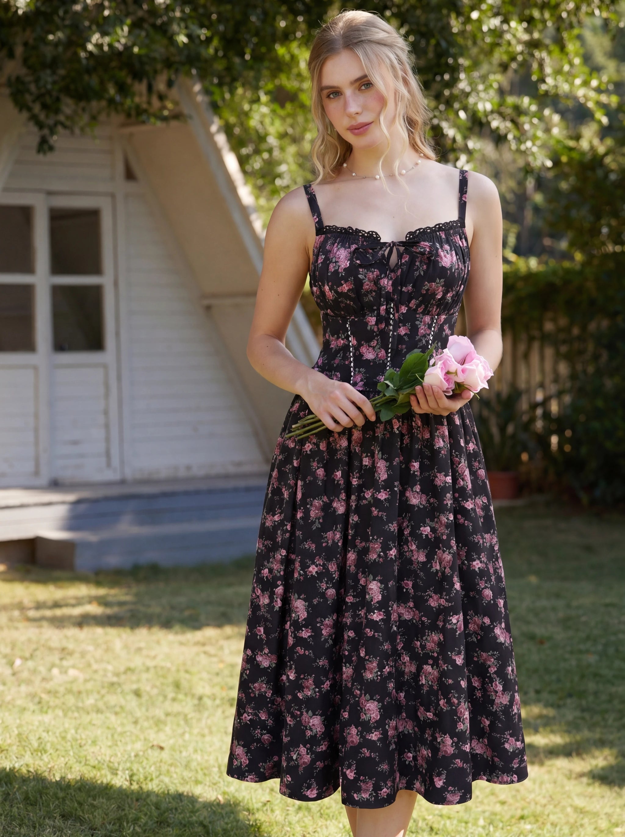 Scarlet Darkness Spring Victorian Floral Pockets Milkmaid Corset Dress