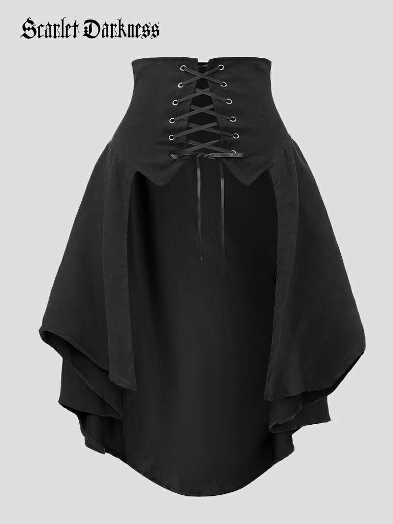 Scarlet Darkness Medieval High-Waisted Skirt with Irregular Hem and Tie Black