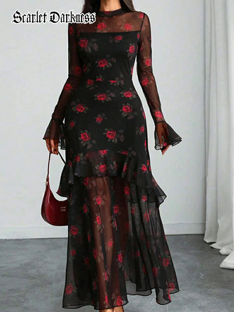 Scarlet Darkness Floral Mesh Cover-Up Party Dress with Ruffled Sleeves Red