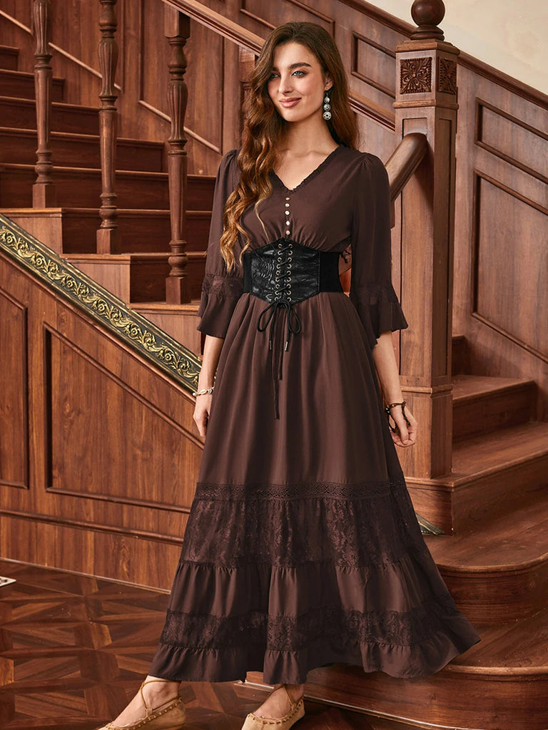 Scarlet Darkness Brown Renaissance Lace Hem Pockets Maxi Dress