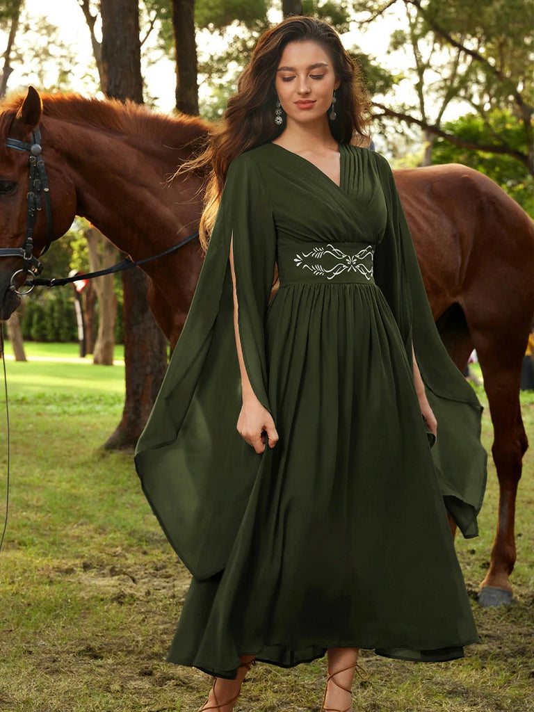 Scarlet Darkness Renaissance Purple Embroidered Chiffon Pockets Dress