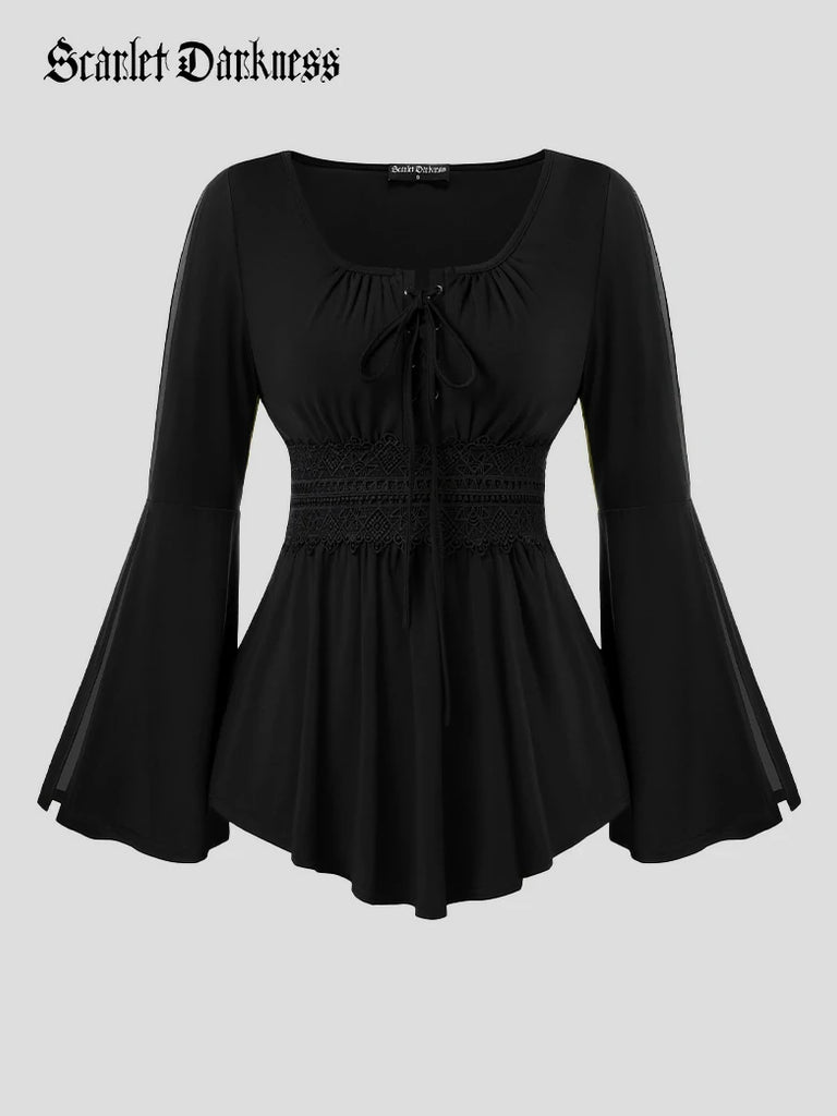 Scarlet Darkness Renaissance Curved Hem Bell Sleeve Slit Tops Black