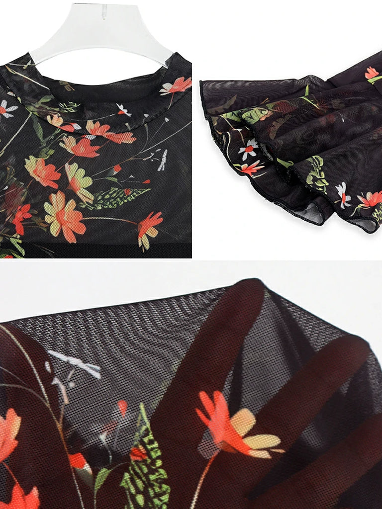 Scarlet Darkness Floral Mesh Cover-Up Party Dress with Ruffled Sleeves