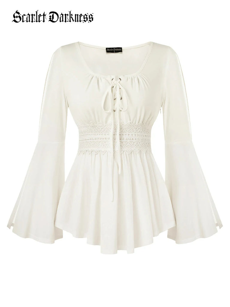 Scarlet Darkness Renaissance Curved Hem Bell Sleeve Slit Tops White