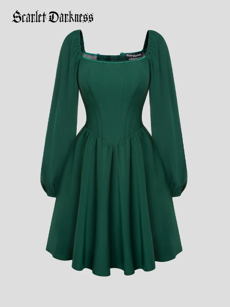 Scarlet Darkness Victorian Cocktail Party Corset Dress with Pockets Green