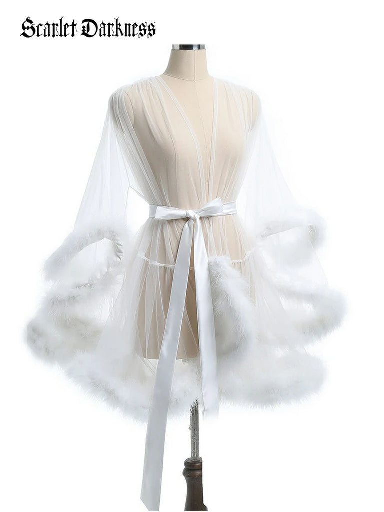 Scarlet Darkness Women's Sheer Mesh Robe Bathrobe Nightgown White F