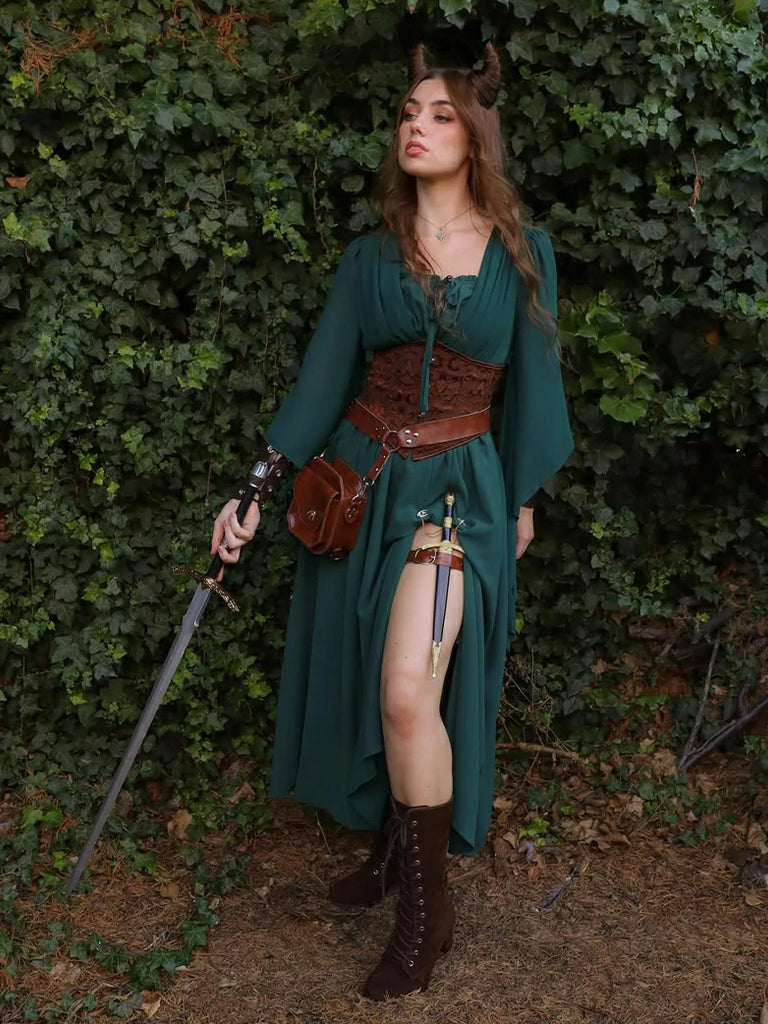 Scarlet Darkness Women's Lace-Up Suede Thick-Heeled Witch Boots Brown