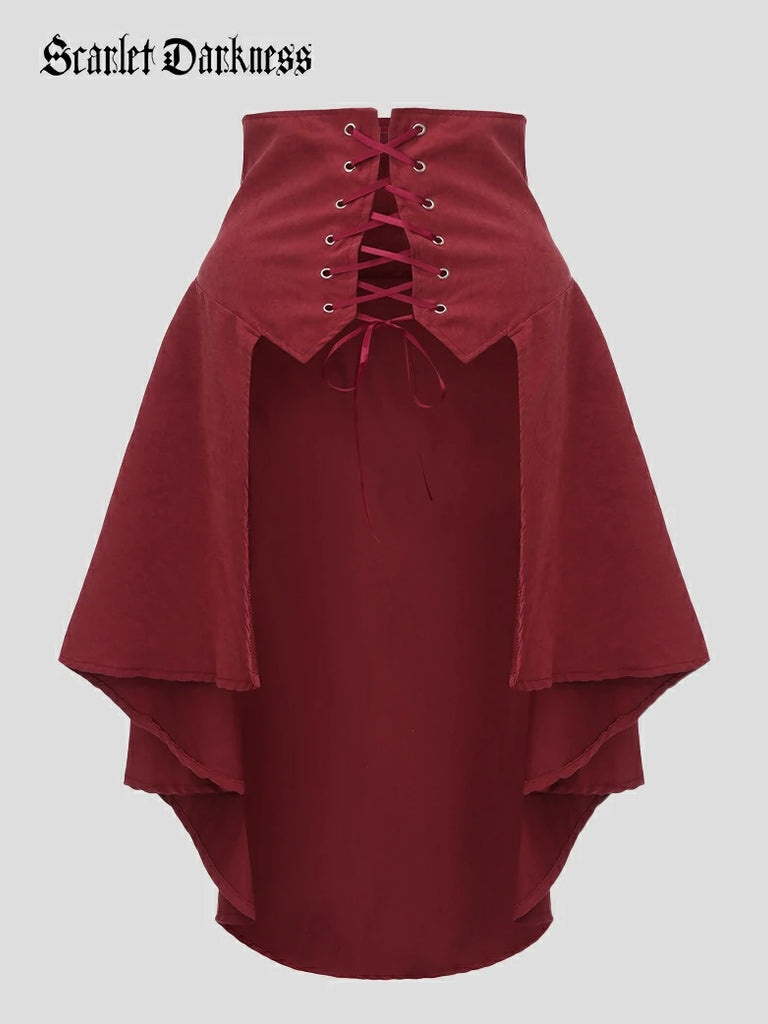 Scarlet Darkness Medieval High-Waisted Skirt with Irregular Hem and Tie Red